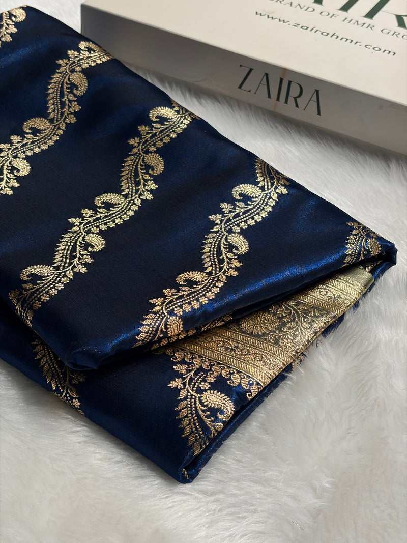 Royal Blue Contrast Shades Cross Pattern Banarasi Satin Silk Saree SS39