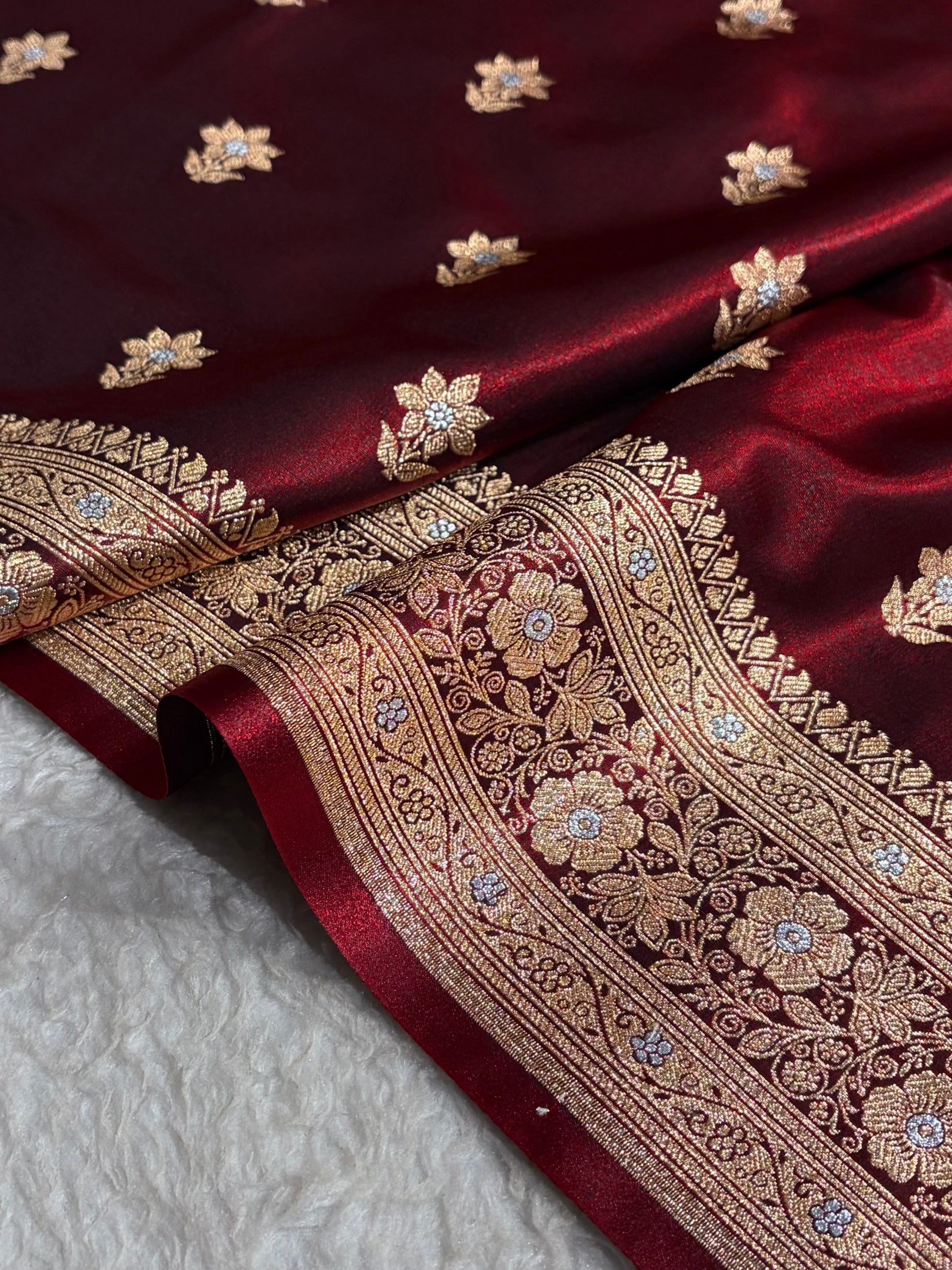 Maroon Shades Minakari Boota Pattern Banarasi Satin Silk Saree SS44