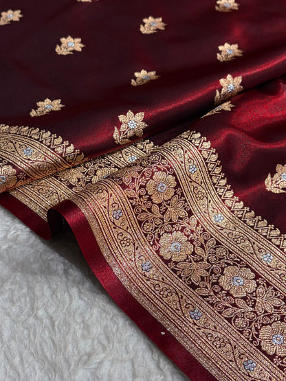 Maroon Shades Minakari Boota Pattern Banarasi Satin Silk Saree SS44