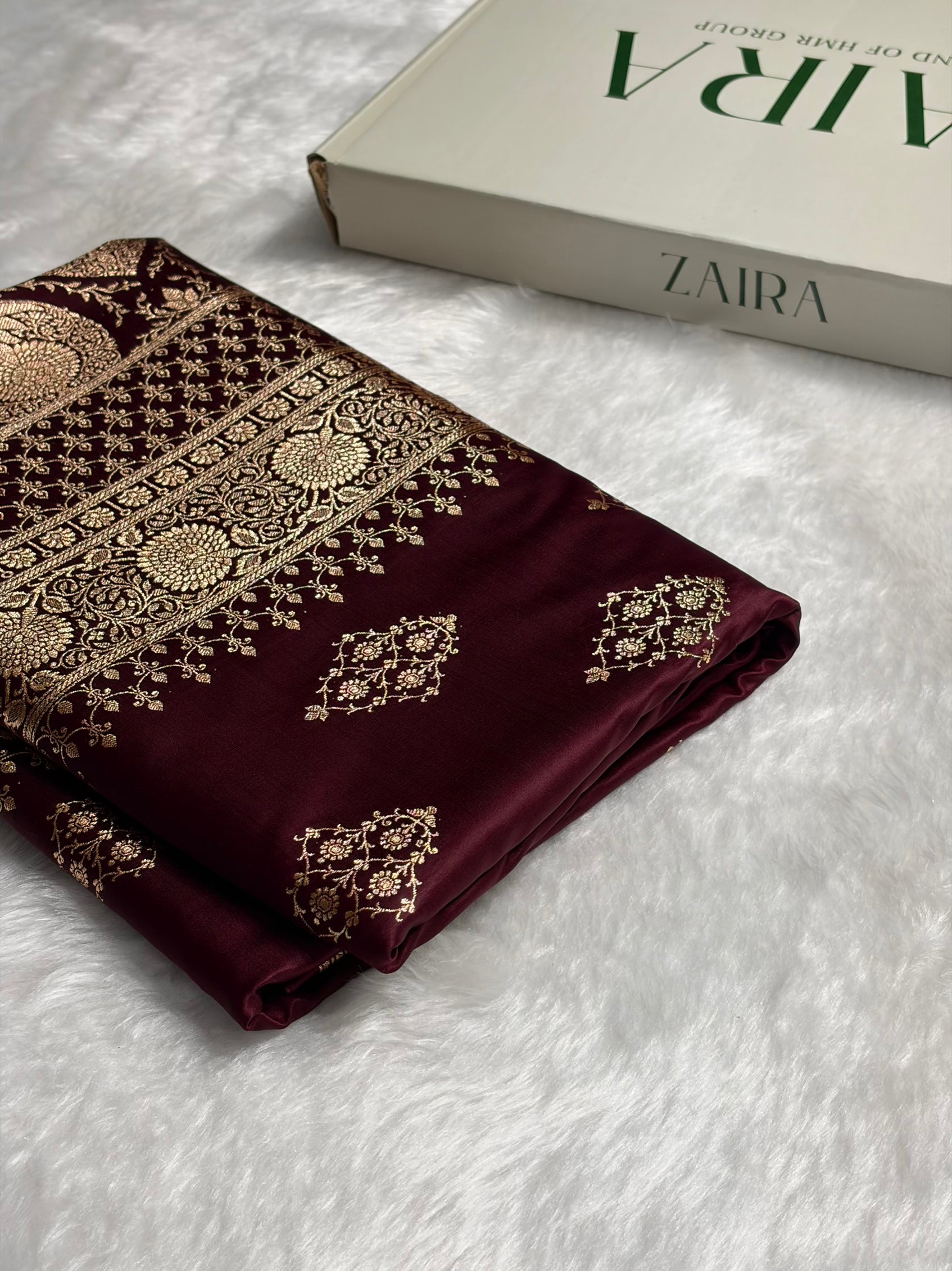 Garnet Floral Boota Satin Katan Silk saree SK35