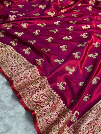 Satin Silk Saree Tredition Banarasi Swarovski Work Floral Boota in Reddish Purple Shades BSS27