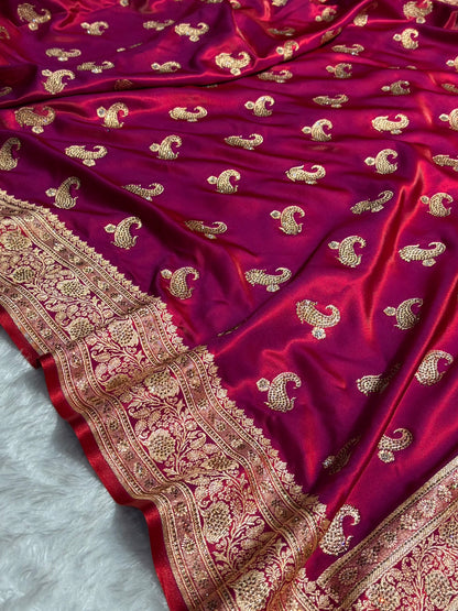 Satin Silk Saree Tredition Banarasi Swarovski Work Floral Boota in Reddish Purple Shades BSS27