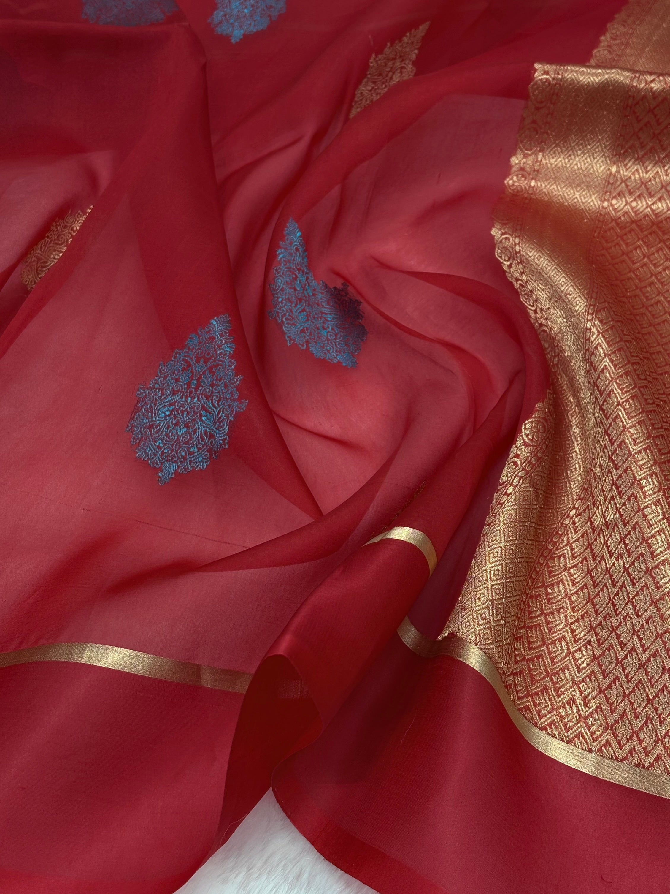 Pure Organza Blud Red Floral Banarasi Silk Saree PO-03