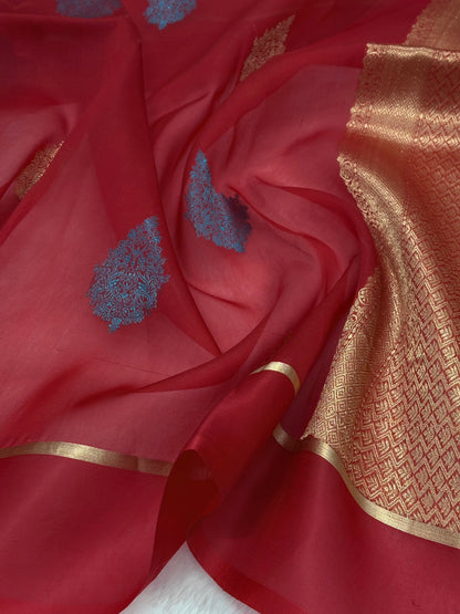 Pure Organza Blud Red Floral Banarasi Silk Saree PO-03