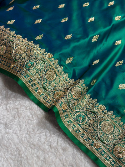 Banarasi Bridal Cross Green Work Pattern Satin Katan Silk Saree BSK82