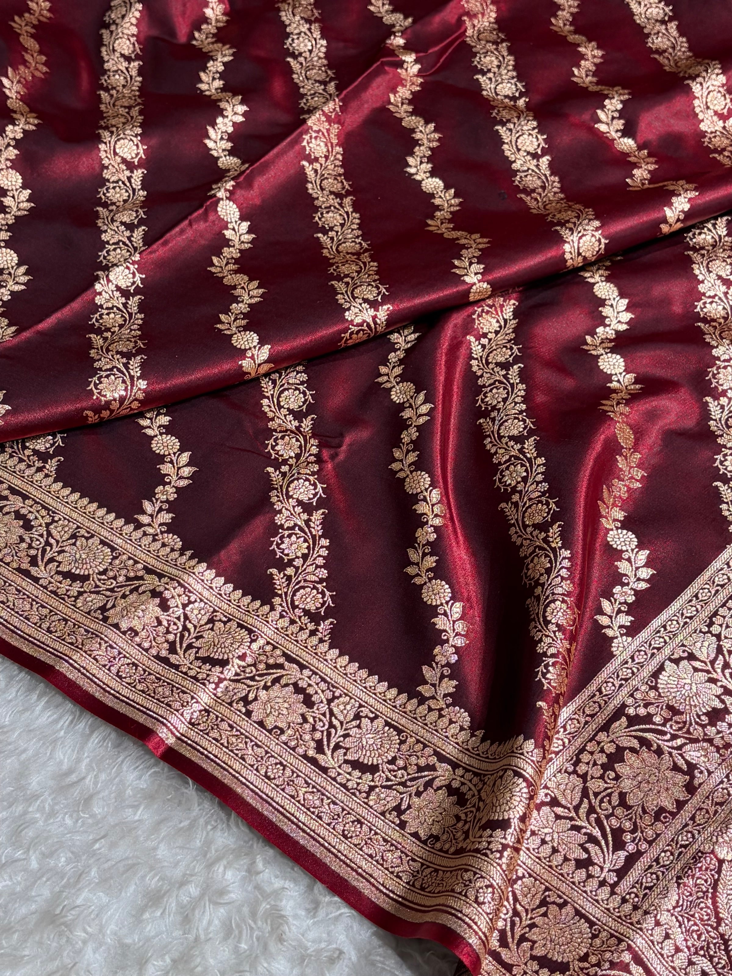 Banarasi Ultra Light Weight Satin Silk Mahroon in Cross Pattern SS10