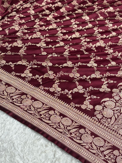 Banarasi Satin Katan Saree With Jaal Pattern In Garnet Shades SK122