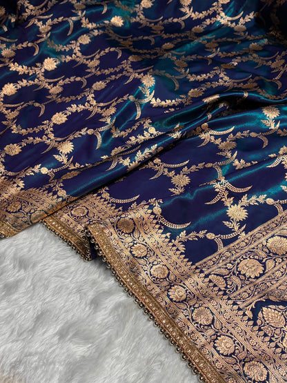 Satin Silk Banarasi Jaal In Peacock Shades With Gotta Patti  SSGP18