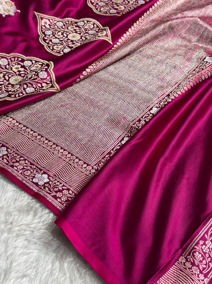 Premium Banarasi Satin Katan Saree Minakari Booti Pattern in Wine Shades SK138