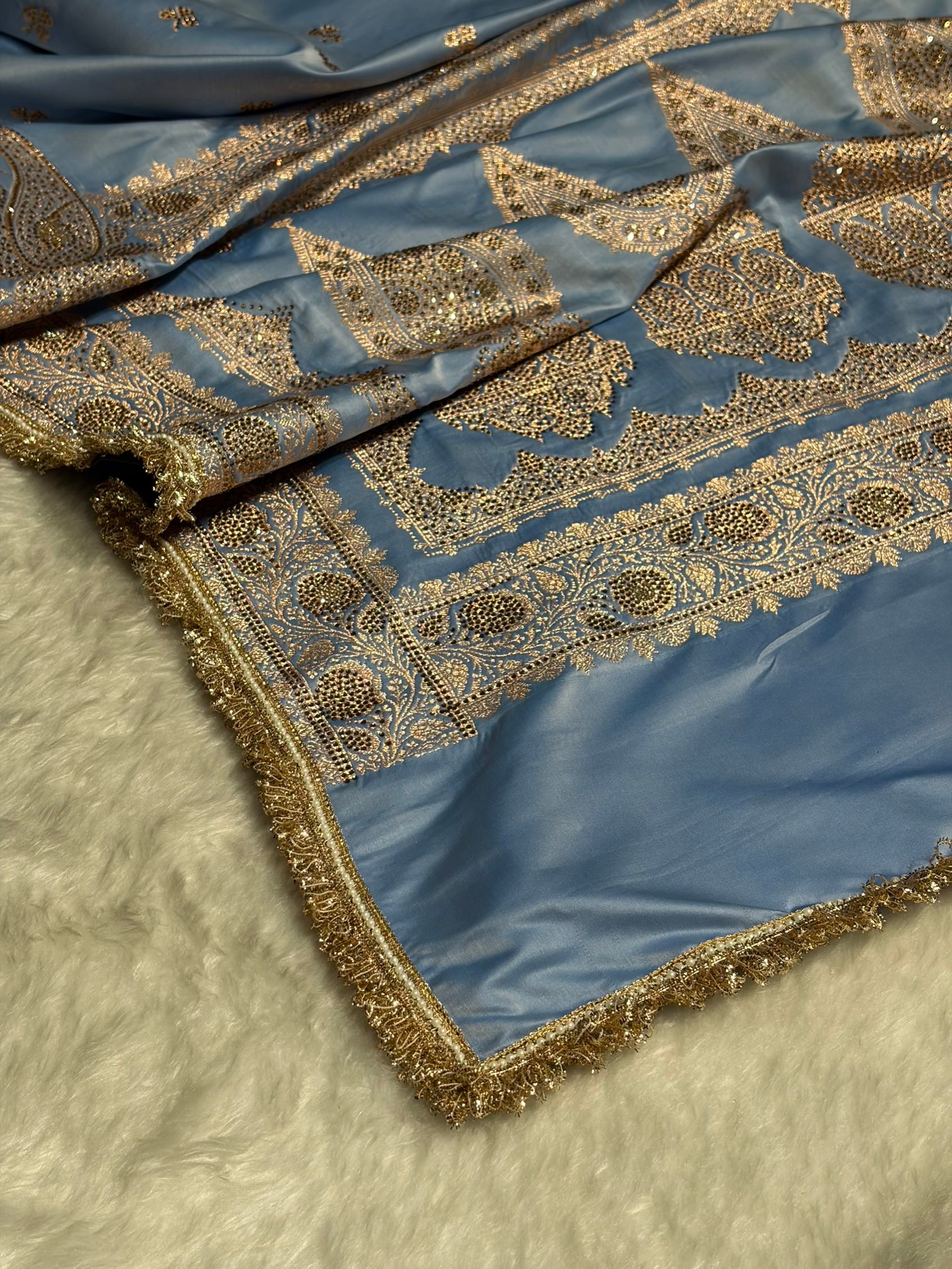 Sky Blue Booti With Swarovski Work & Gotta Patti Katan Silk Saree BSKGP09