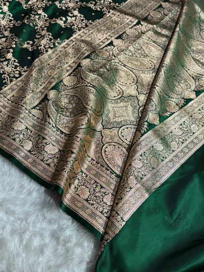 Bottle Green Shades Jaal Pattern Banarasi Satin Silk Saree SS48