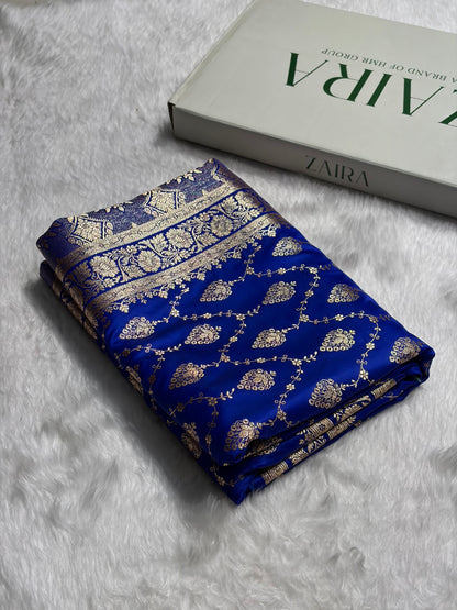 Royal Blue Floral Jaal Pattern Satin Katan Silk saree SK42