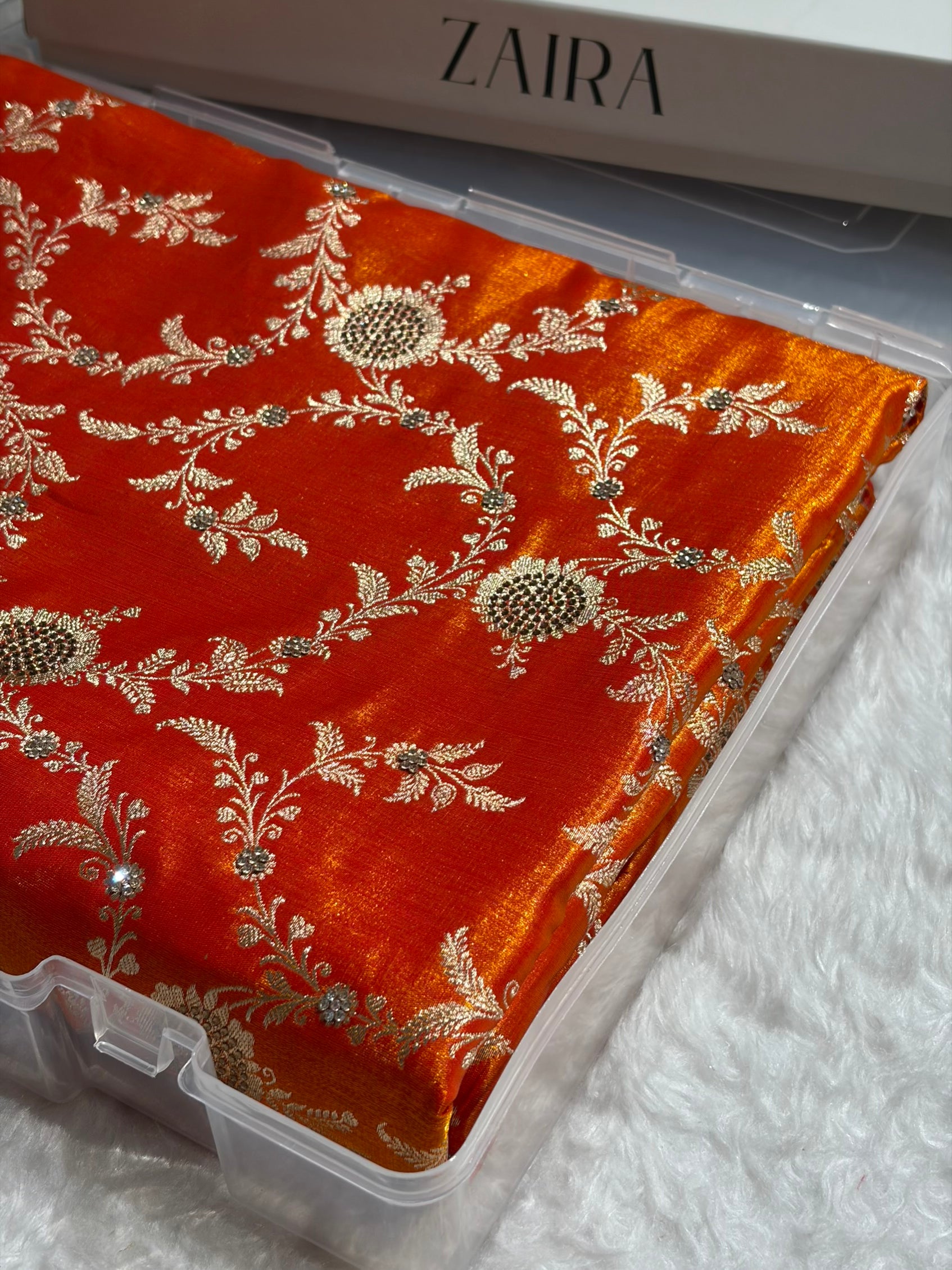 Light Weight Fire Gold Satin Silk Saree with Swarovski work BSS14