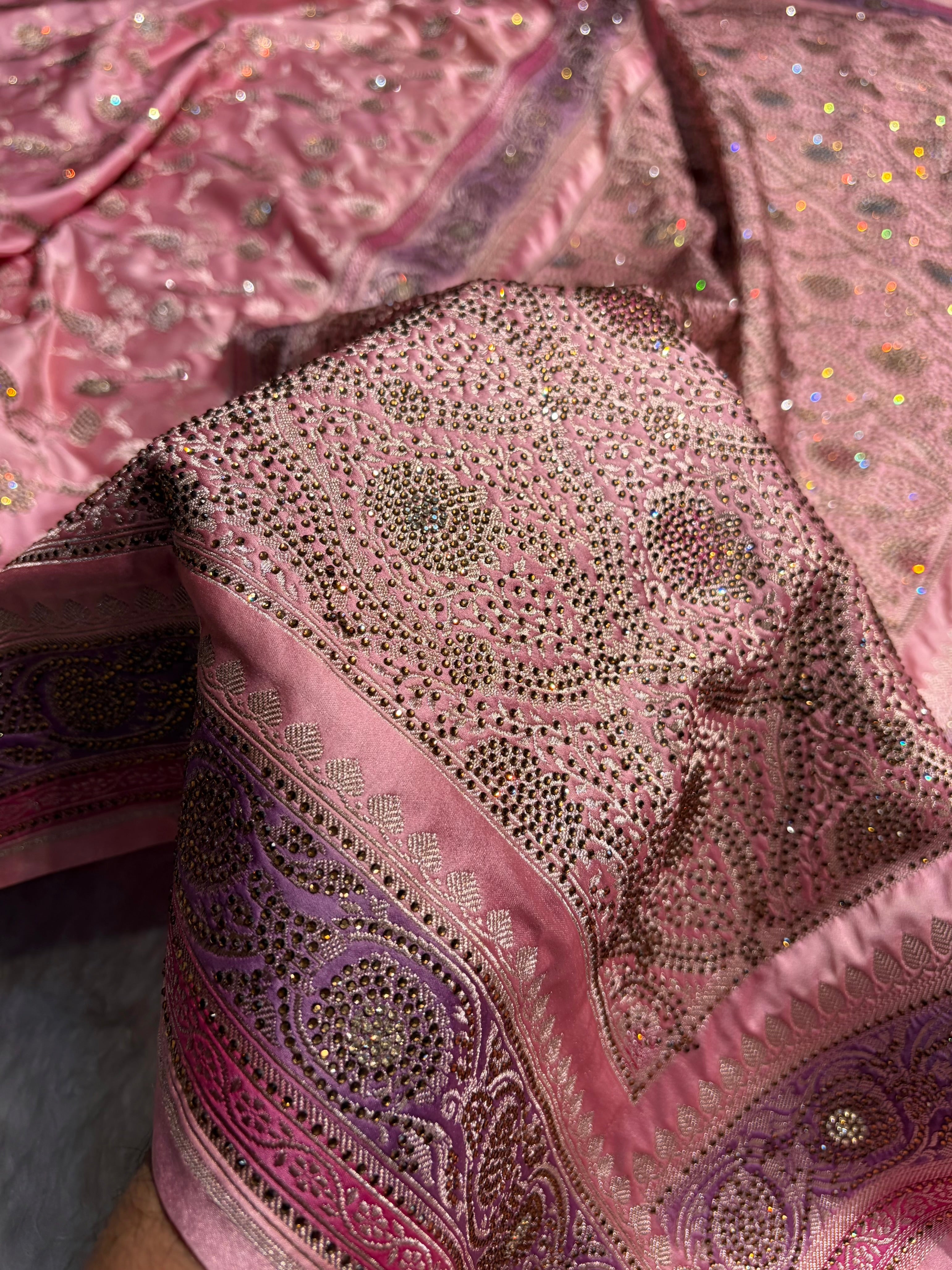 Baby Pink Shades In Banarasi Swarovski Work Jaal Mashru Silk Saree BMS42