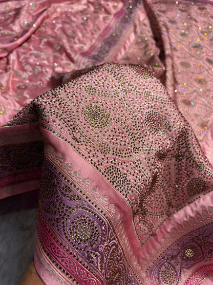 Baby Pink Shades In Banarasi Swarovski Work Jaal Mashru Silk Saree BMS42