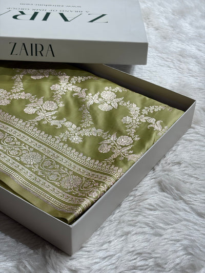 Pista Banarasi With Floral Jaal Pattern Mashru Silk Saree MSM-130