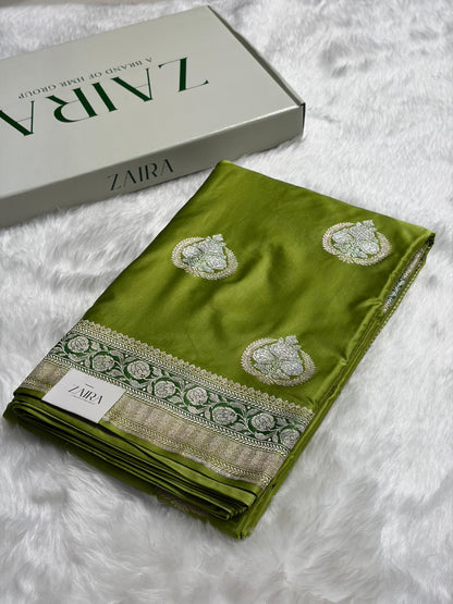 Parrot Green Minakari Boota Mashru Silk Saree MS35