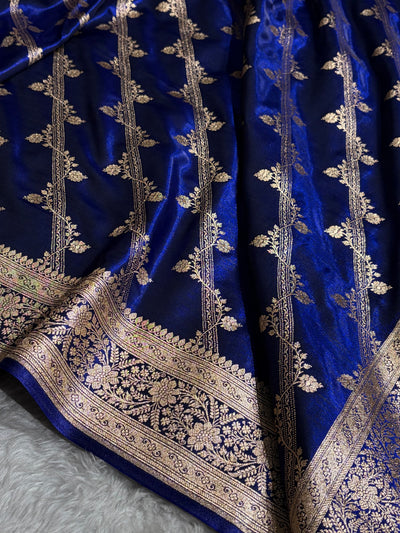 Royal Blue Shades Cross Pattern Banarasi Satin Silk Saree SS50