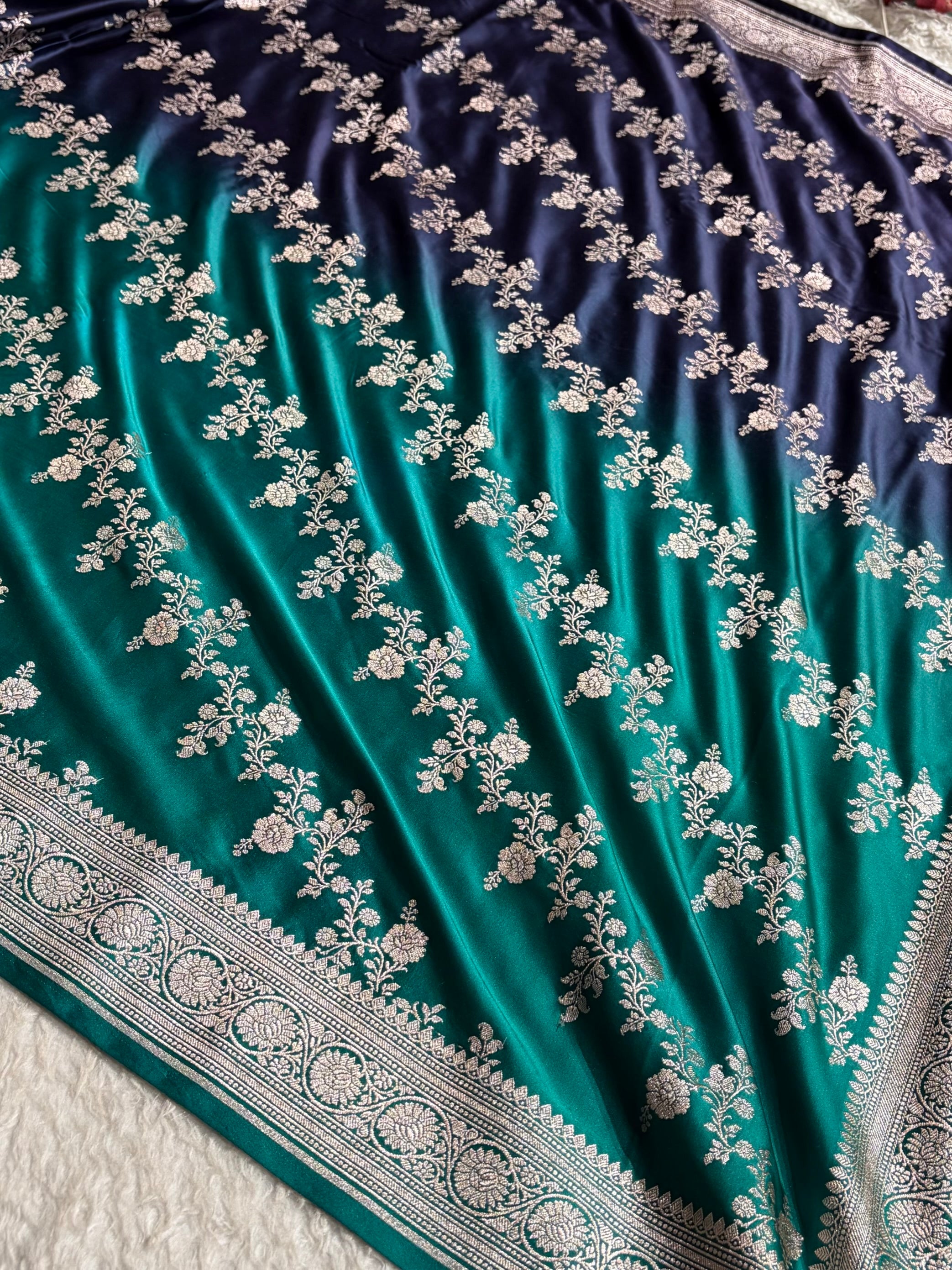 Ombre Navy Blue - Peacock Green Mashru Silk Saree MS01