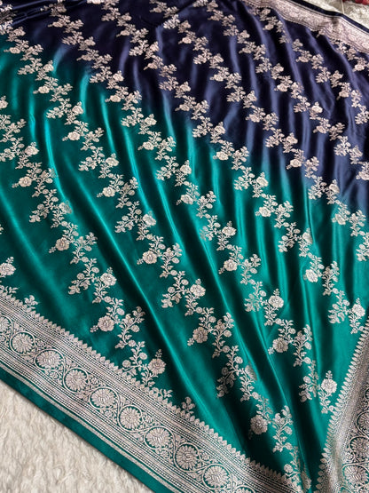 Ombre Navy Blue - Peacock Green Mashru Silk Saree MS01
