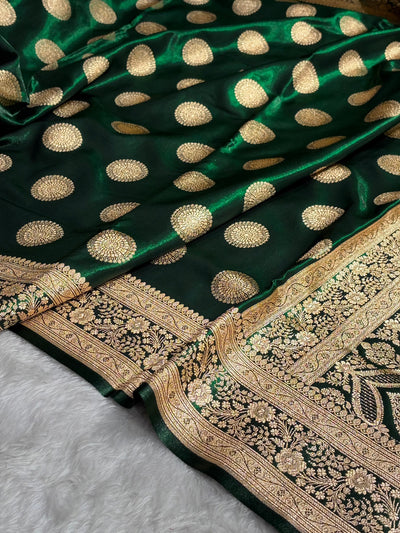 Bottle Green Shades Banarasi Satin Silk Saree SS33
