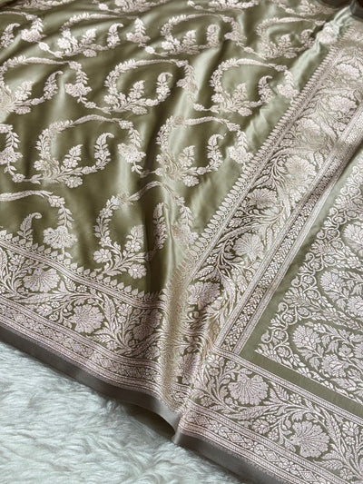 Pastel Green Shades Banarasi With Floral Jaal Pattern Mashru Silk Saree MSM-132