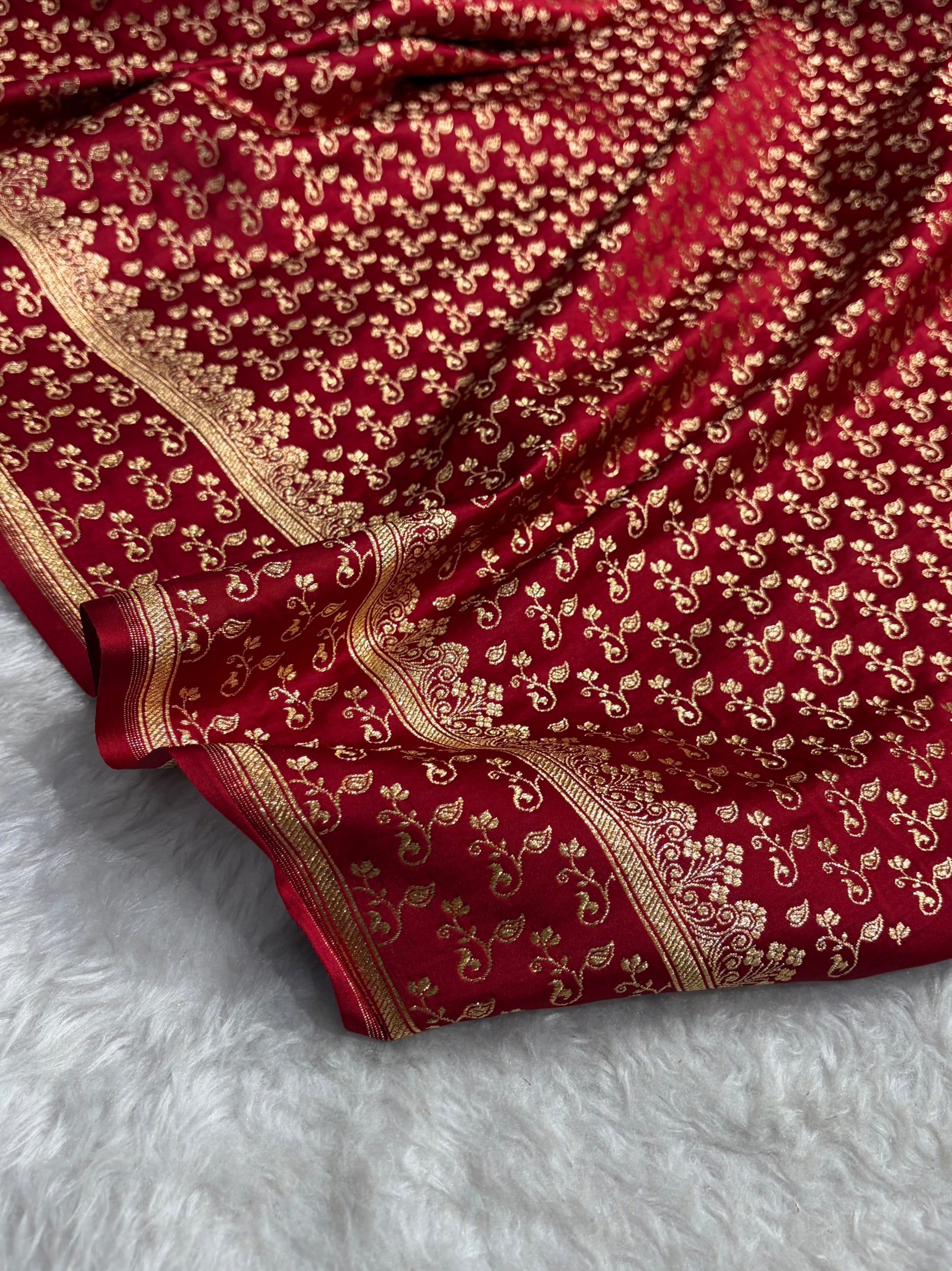 Maroon Shades Jaal Floral Pattern Satin Katan Silk Saree SK81