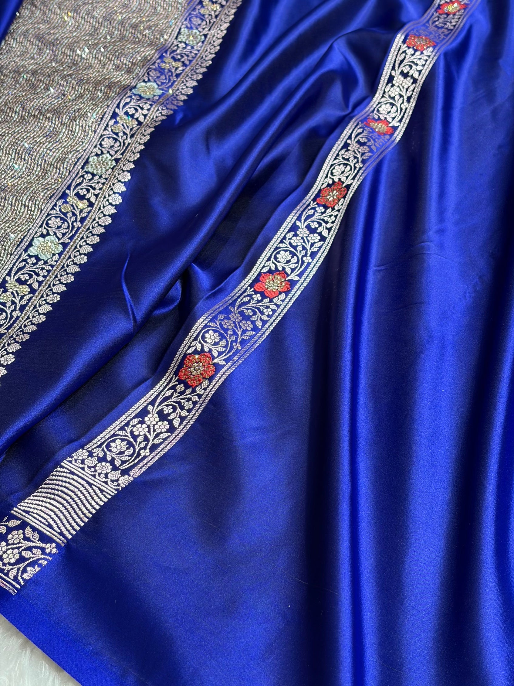 Premium Banarasi Satin Katan Saree Swarovski Work Minakari Booti Pattern in Royal Blue Shades BSK04