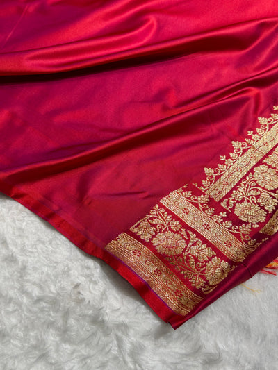 Cross Red Floral Jaal Pattern Satin Katan Silk saree BSK42