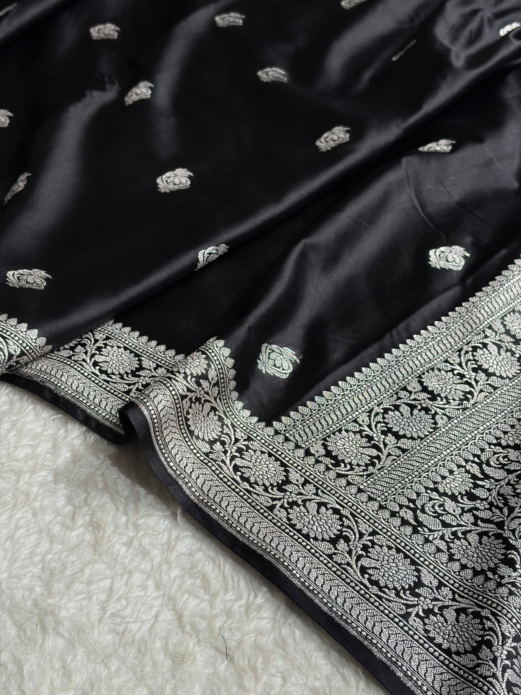 Black Shades Mashru Silk Boota Pattern With Floral Border