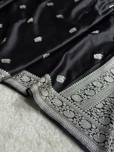 Black Shades Mashru Silk Boota Pattern With Floral Border