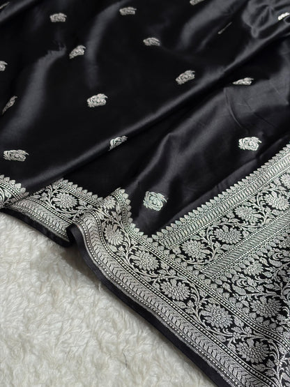 Black Shades Mashru Silk Boota Pattern With Floral Border