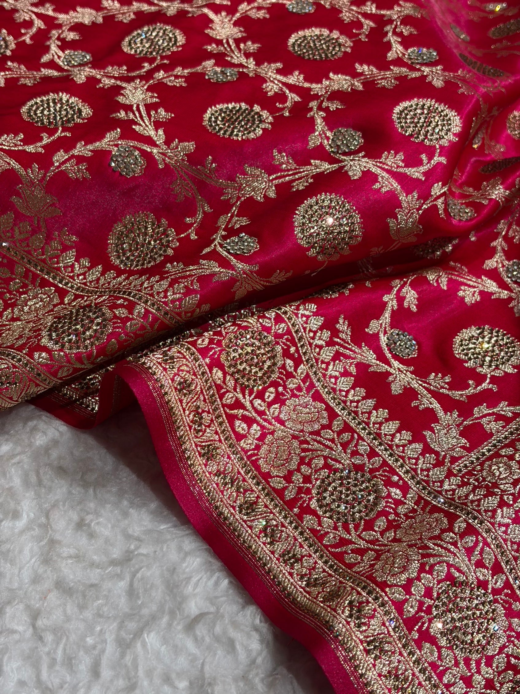Cross Rani With Swarovski Work Jaal Pattern Satin Silk Saree BSS15