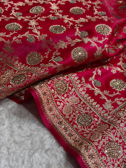 Cross Rani With Swarovski Work Jaal Pattern Satin Silk Saree BSS15