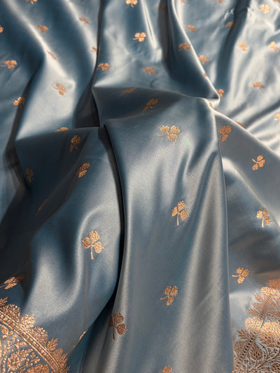 Banarasi Pastel German Blue Shades Booti Satin  Katan Silk Saree SK09