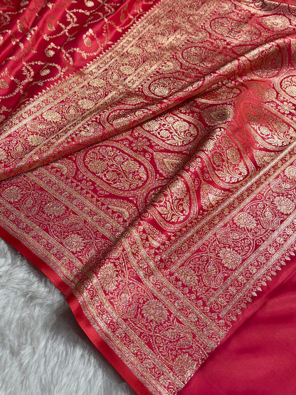Cross Peach Shades Floral Jaal Pattern Satin Katan Silk saree SK55