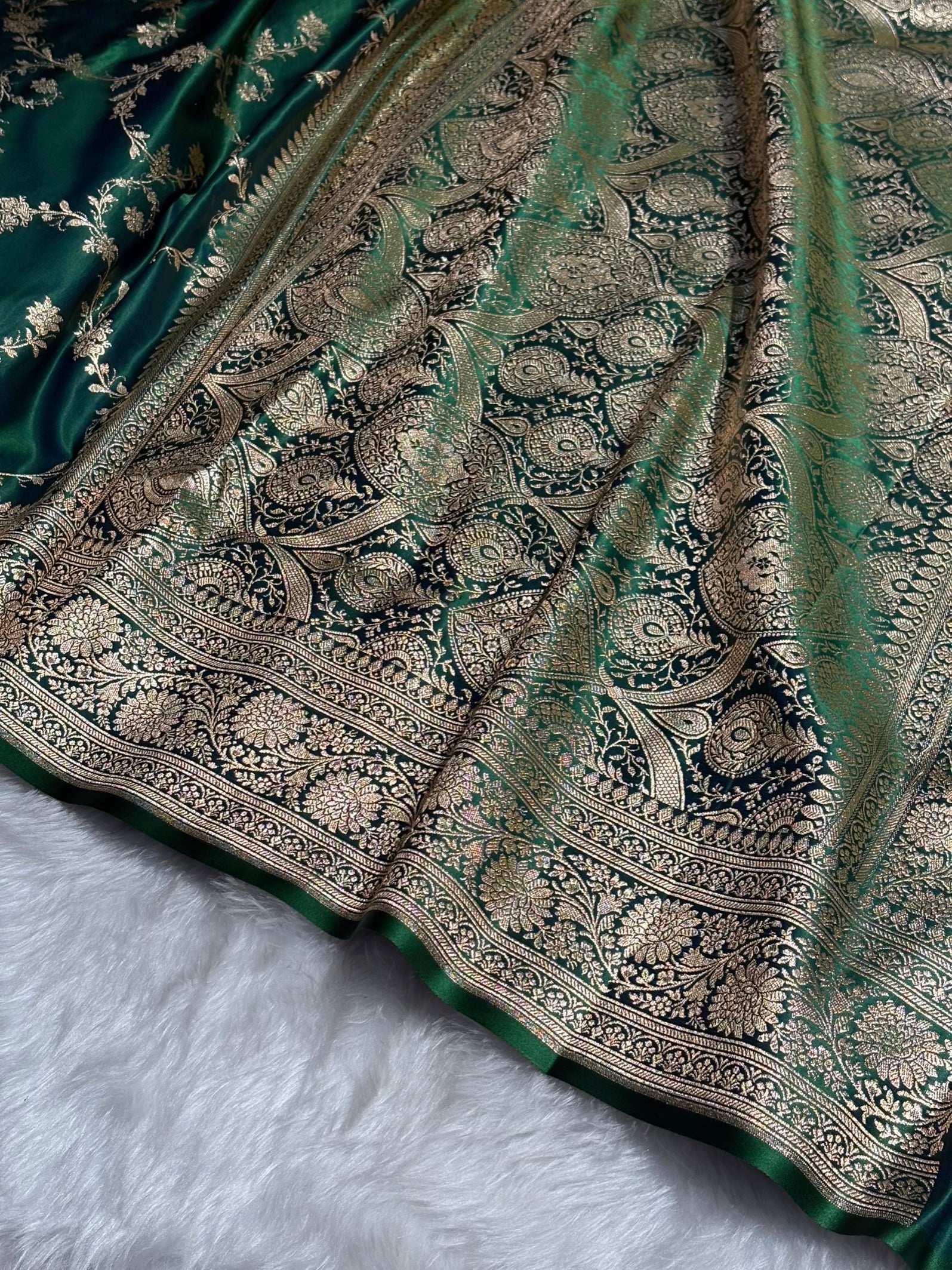 Bottle Green Cross Floral Jaal Pattern Satin Katan Silk saree SK60