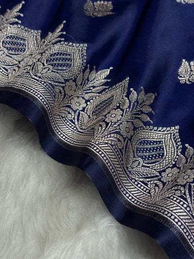 Navy Blue Floral Boota With Floral Border Mashru Silk Saree MSM-80