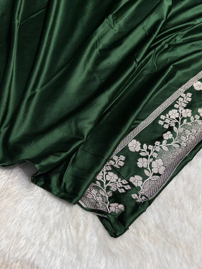 Bottle Green Shades Minakari Floral Border Booti Mashru Silk Saree MS75