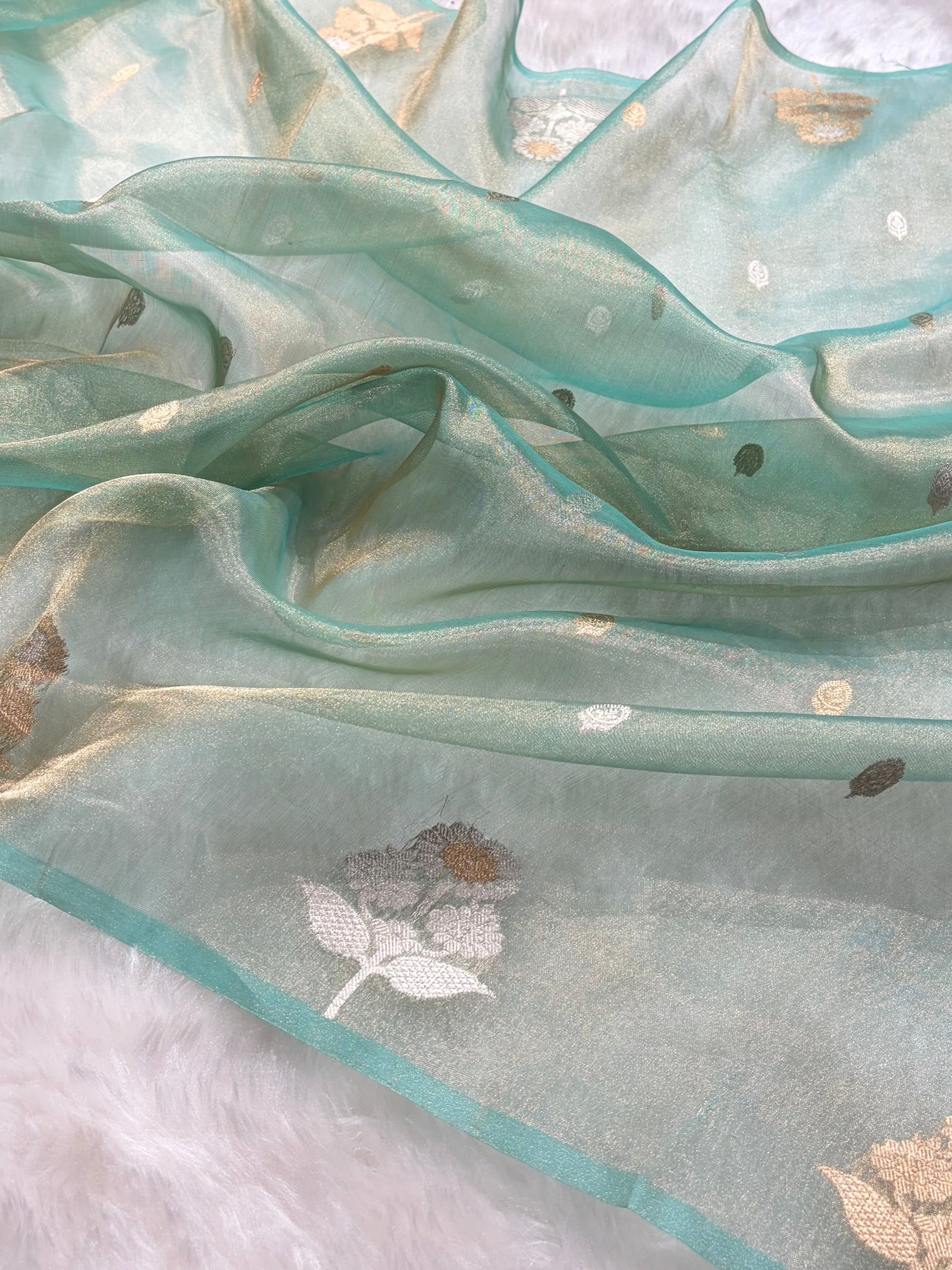 Sea Green Bananasi Floral Shades Pure Tissue Silk Saree PT-39