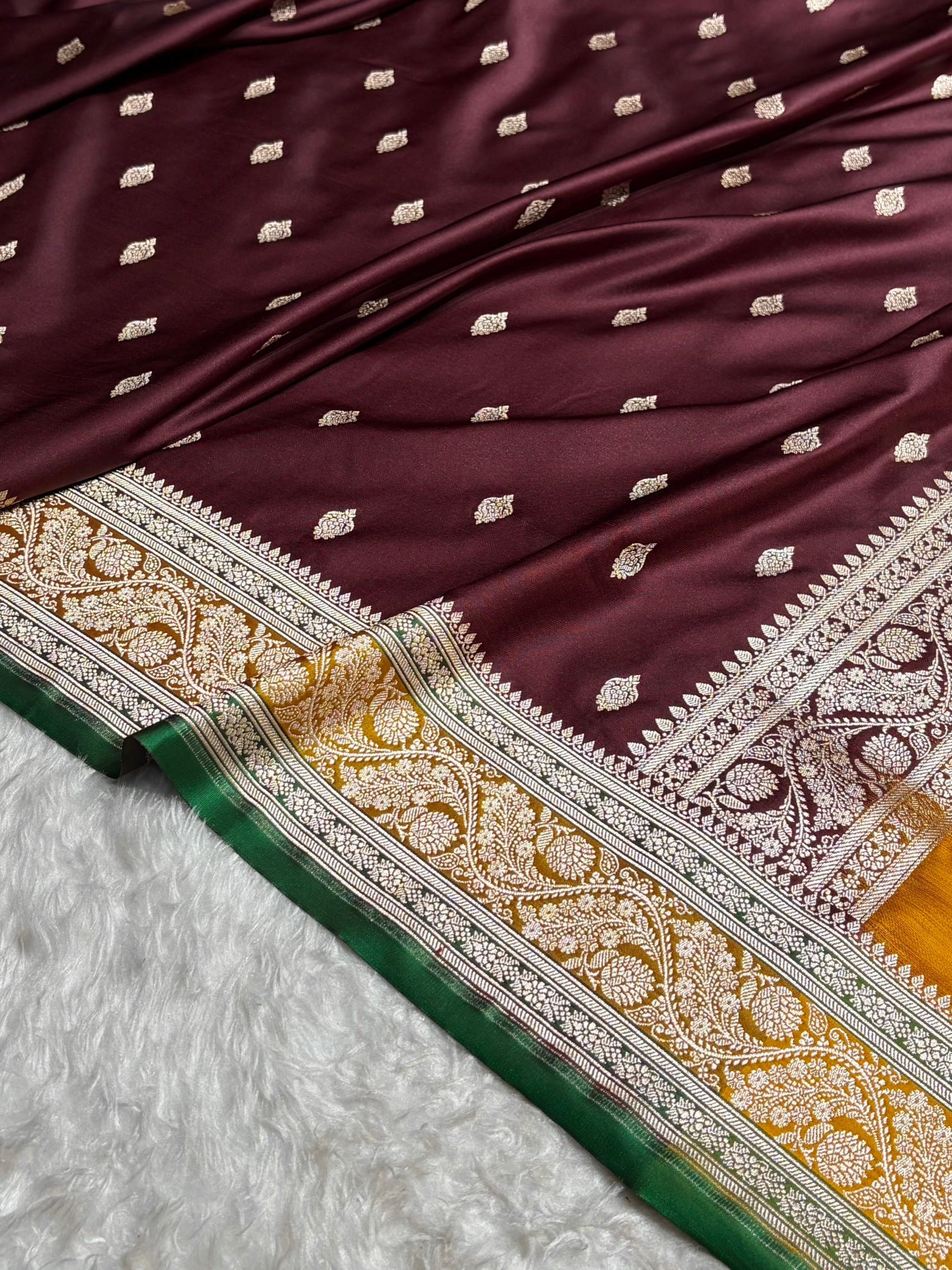 Banarasi Garnet With Contrast Mustard Floral Border Mashru Silk Saree MSM-101