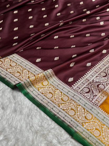 Banarasi Garnet With Contrast Mustard Floral Border Mashru Silk Saree MSM-101