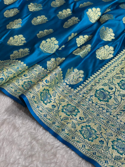 Banarasi Satin Katan Saree in Firozi Shades
