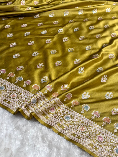 Dusty Mehendi Shades Bananasi Minakari Floral Border Boota Mashru Silk Saree MCS66