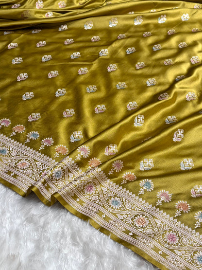 Dusty Mehendi Shades Bananasi Minakari Floral Border Boota Mashru Silk Saree MS66