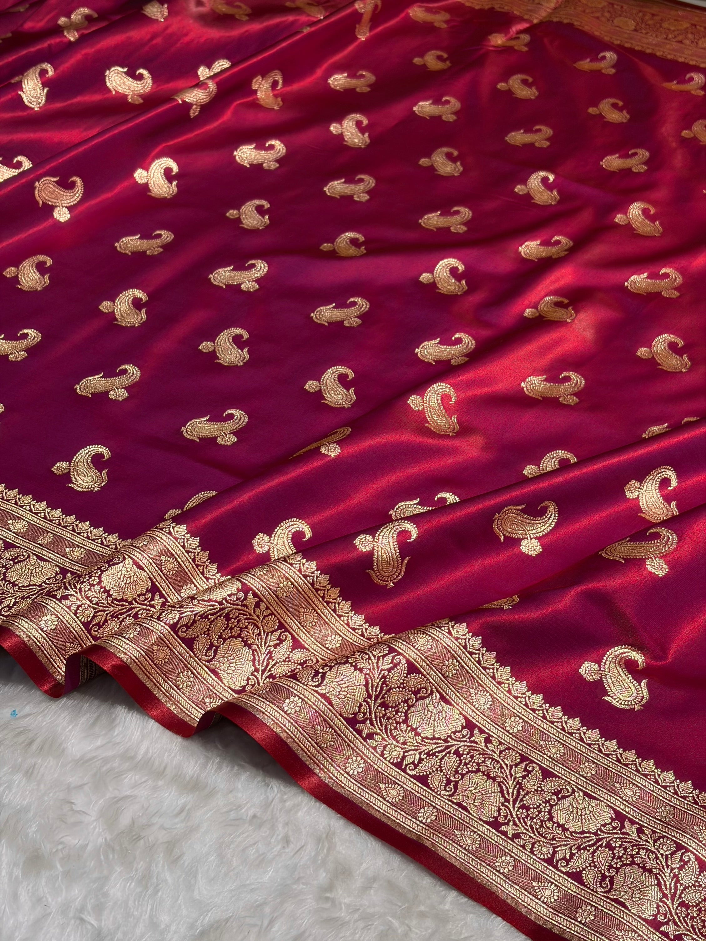 Satin Silk Saree Floral Boota in Reddish Purple Shades SS27