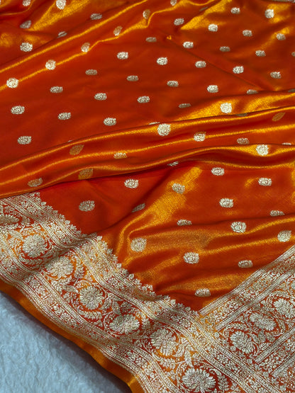 Orange Gold Shades Boota Pattern Banarasi Satin Silk Saree SS45