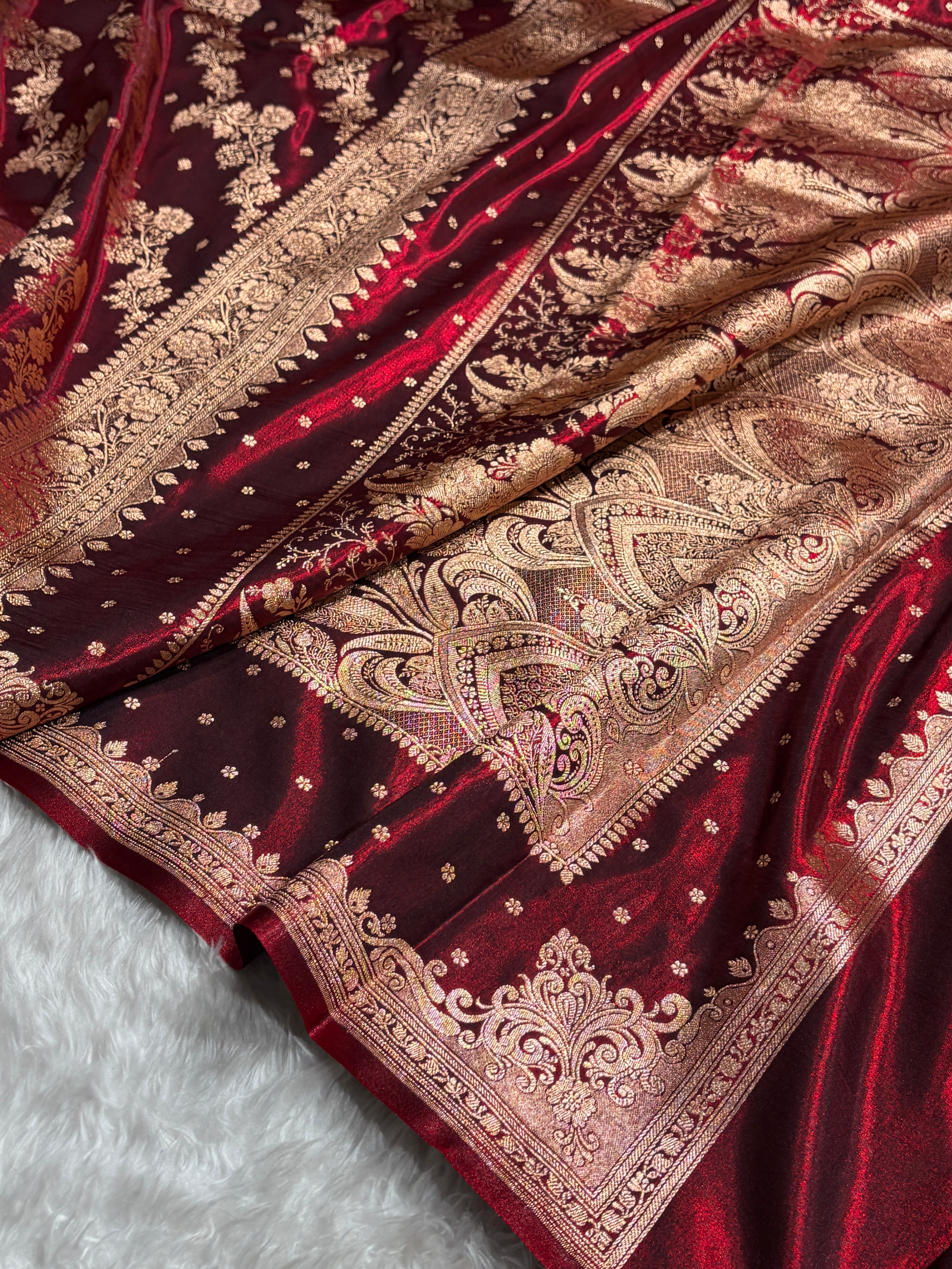 Satin Silk Saree Banarasi Cross with booti In Maroon Shades SS22