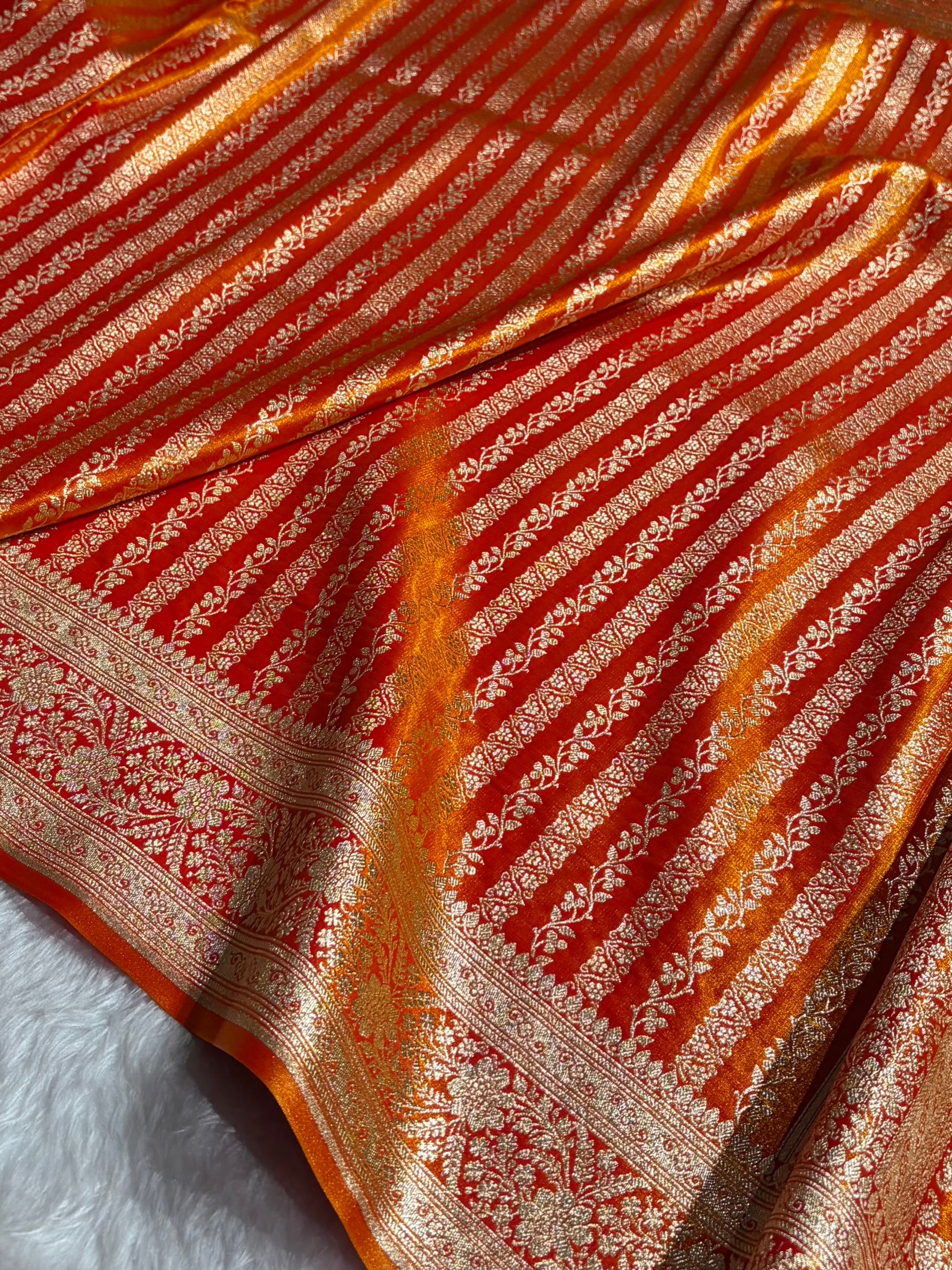 Fire Gold Shades Stripe Pattern Banarasi Satin Silk Saree SS46