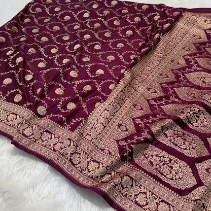 Wine Mashru Silk Banarasi Saree With Jaal Pattern